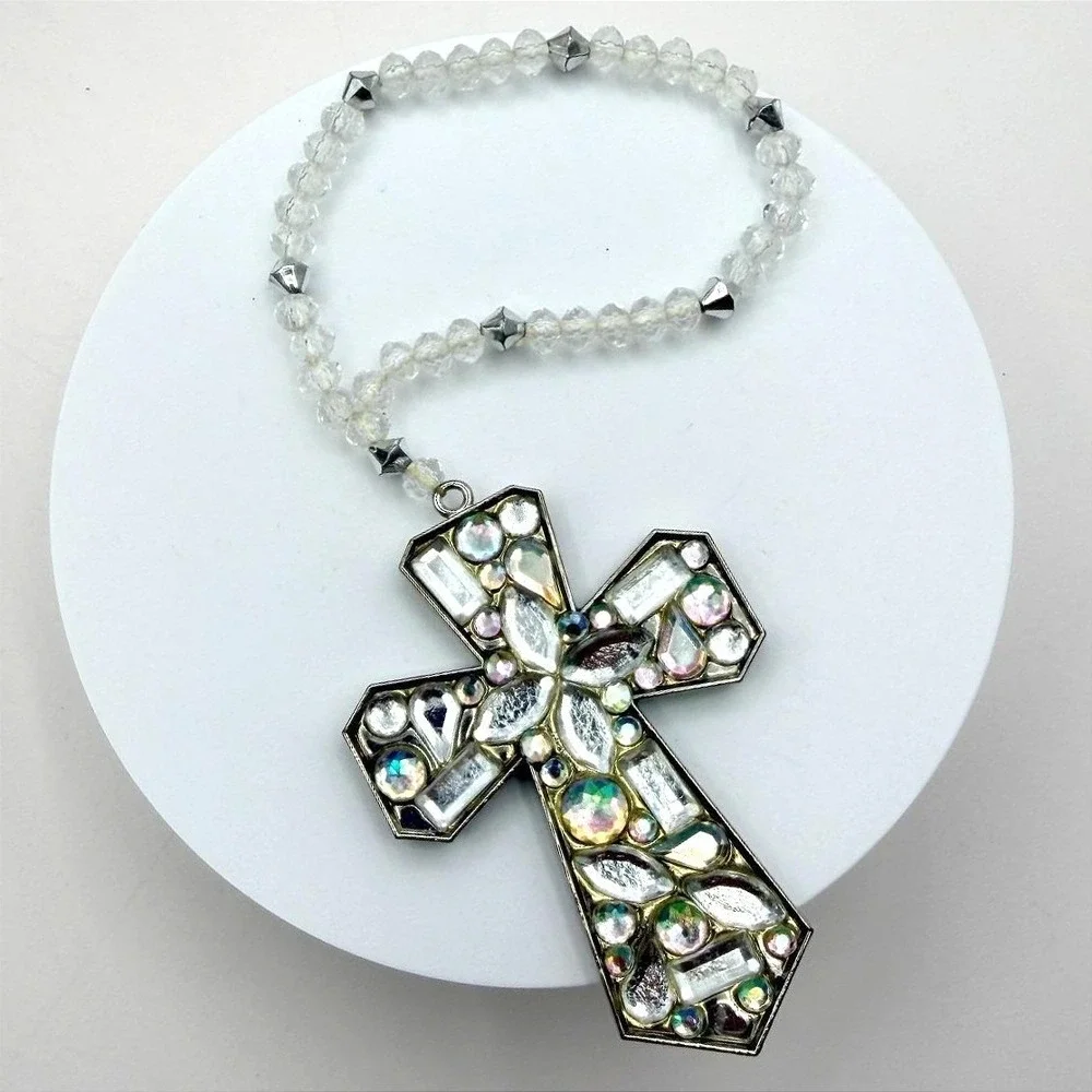 Vintage Silver Tone Beaded Cross Charm Bracelet Rhinestone Crystal‎ AB Statement